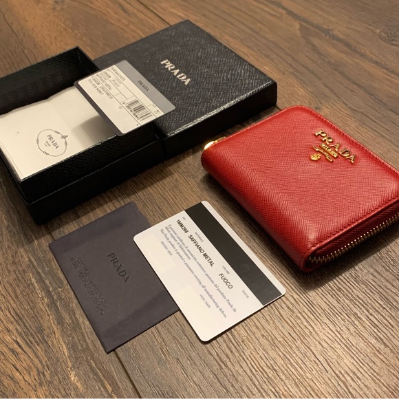 Prada Fuoco (Cherry Red) Saffiano Leather Compact Zip Around Wallet - Picture 2 of 8